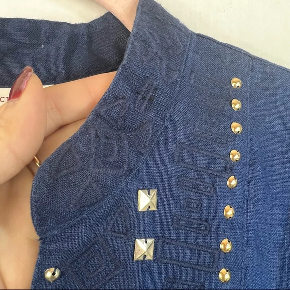 JM Collection Tunic Blouse Womens Sz 16 Embroidered Beaded Navy Blue 100% Linen - Picture 9 of 12